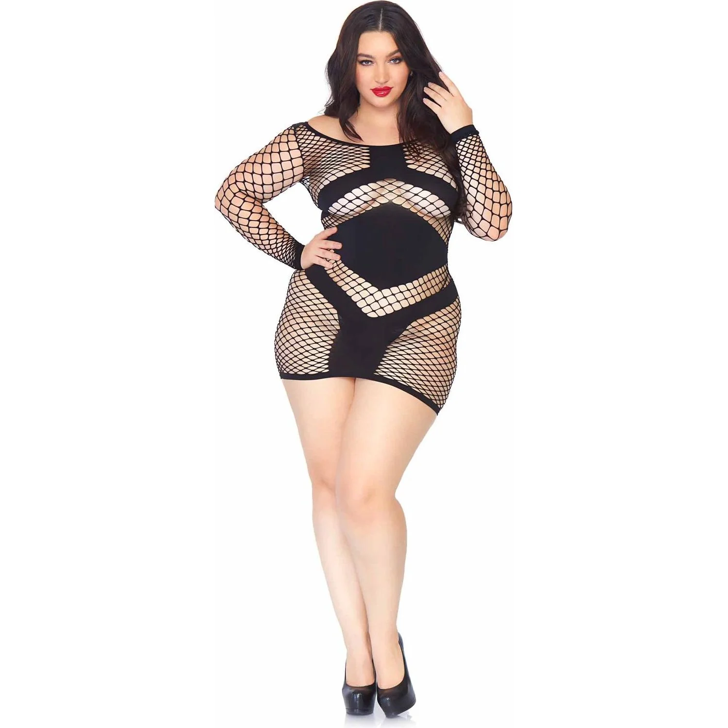 Leg Avenue - Womens Plus Size Diamond Net Long Sleeved Mini Dress with Opaque Panel Accents - Image 2