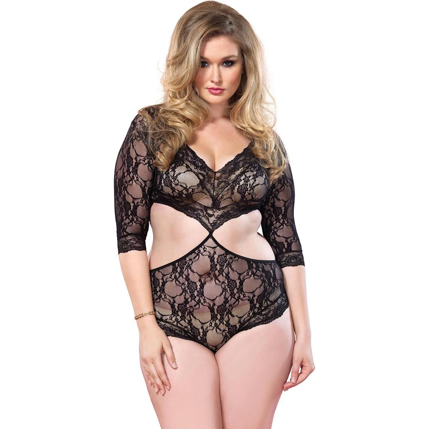 Leg Avenue - Womens Plus Size Floral Lace Deep-V Cut Out Teddy with Full Back Panty