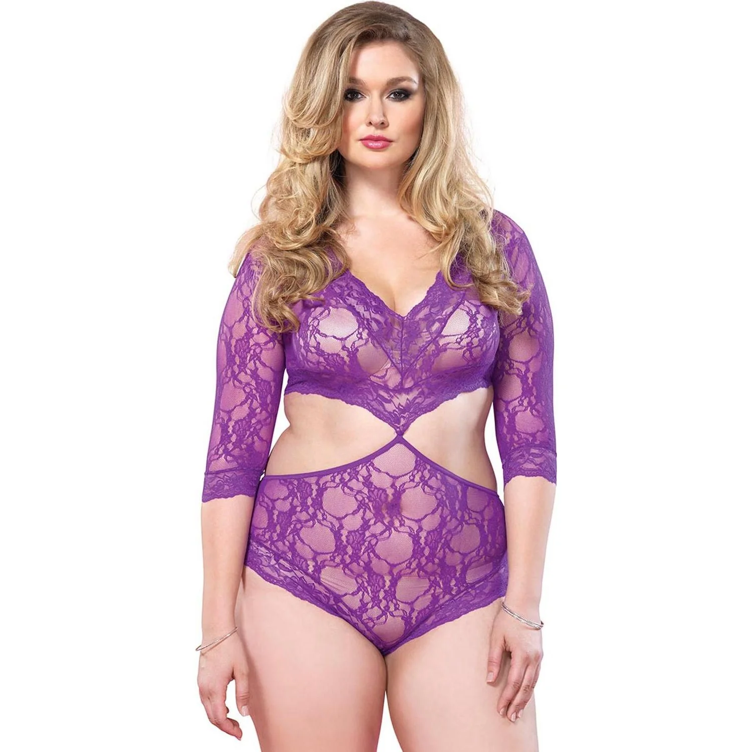 Leg Avenue - Womens Plus Size Floral Lace Deep-V Cut Out Teddy with Full Back Panty - Image 2