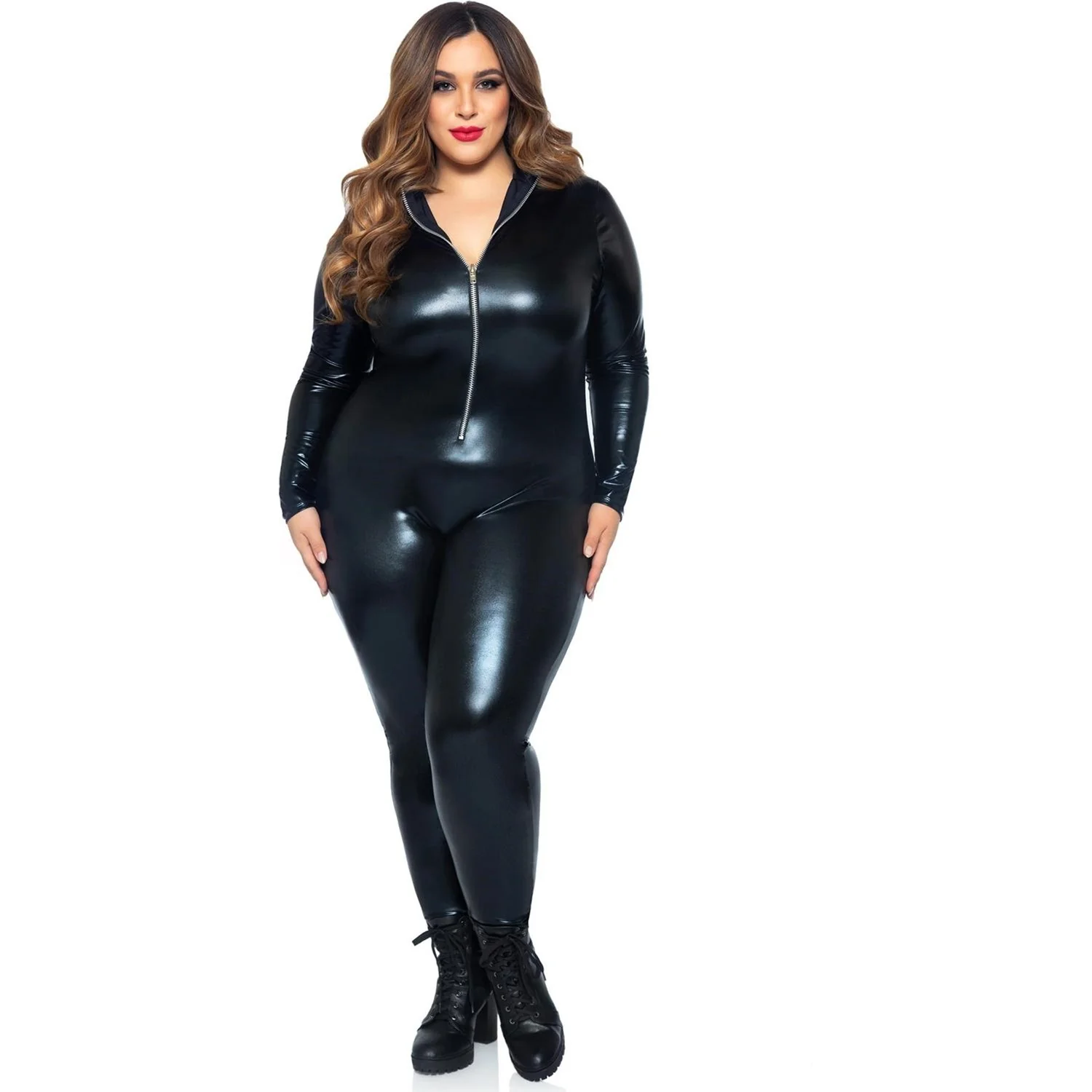 Leg Avenue - Womens Plus Size Lame Zipper Front Catsuit