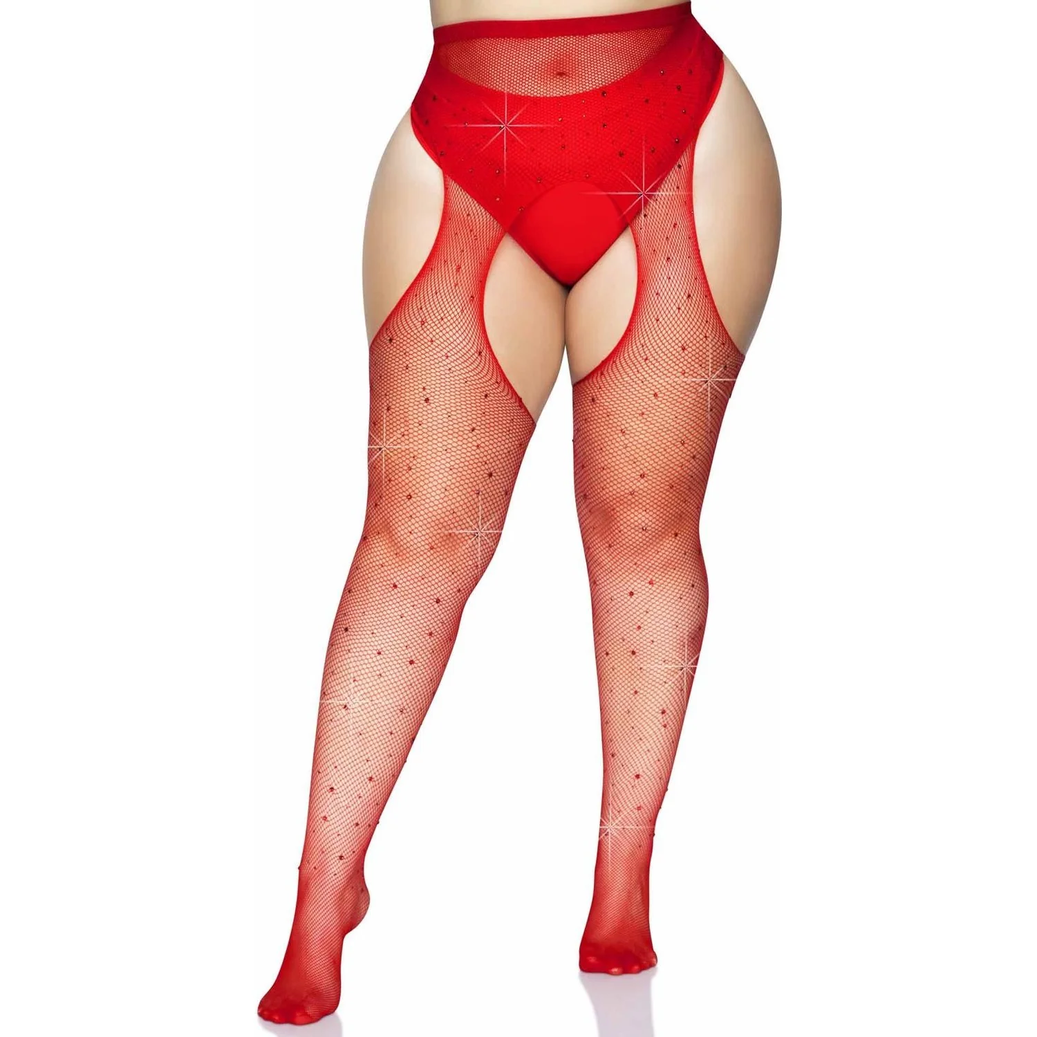 Leg Avenue - Womens Plus Size Rhinestone Fishnet Suspender Tights - Image 3