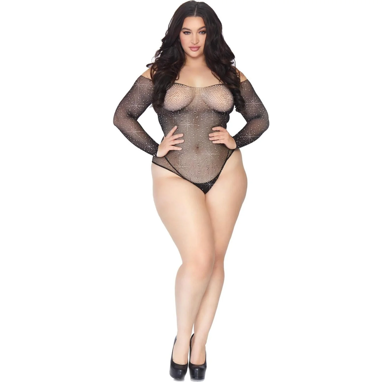 Leg Avenue - Womens Plus Size Rhinestone Long Sleeve Snap Crotch Fishnet Bodysuit