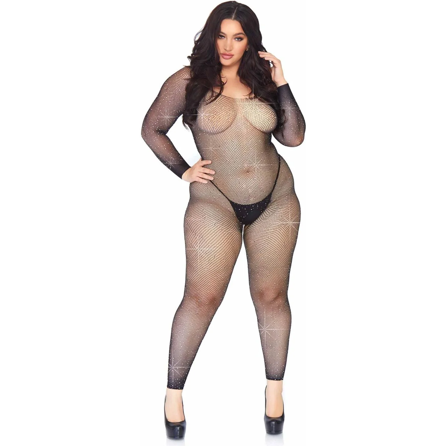 Leg Avenue - Womens Plus Size Rhinestone Seamless Fishnet Long Sleeved Lingerie Jumpsuit