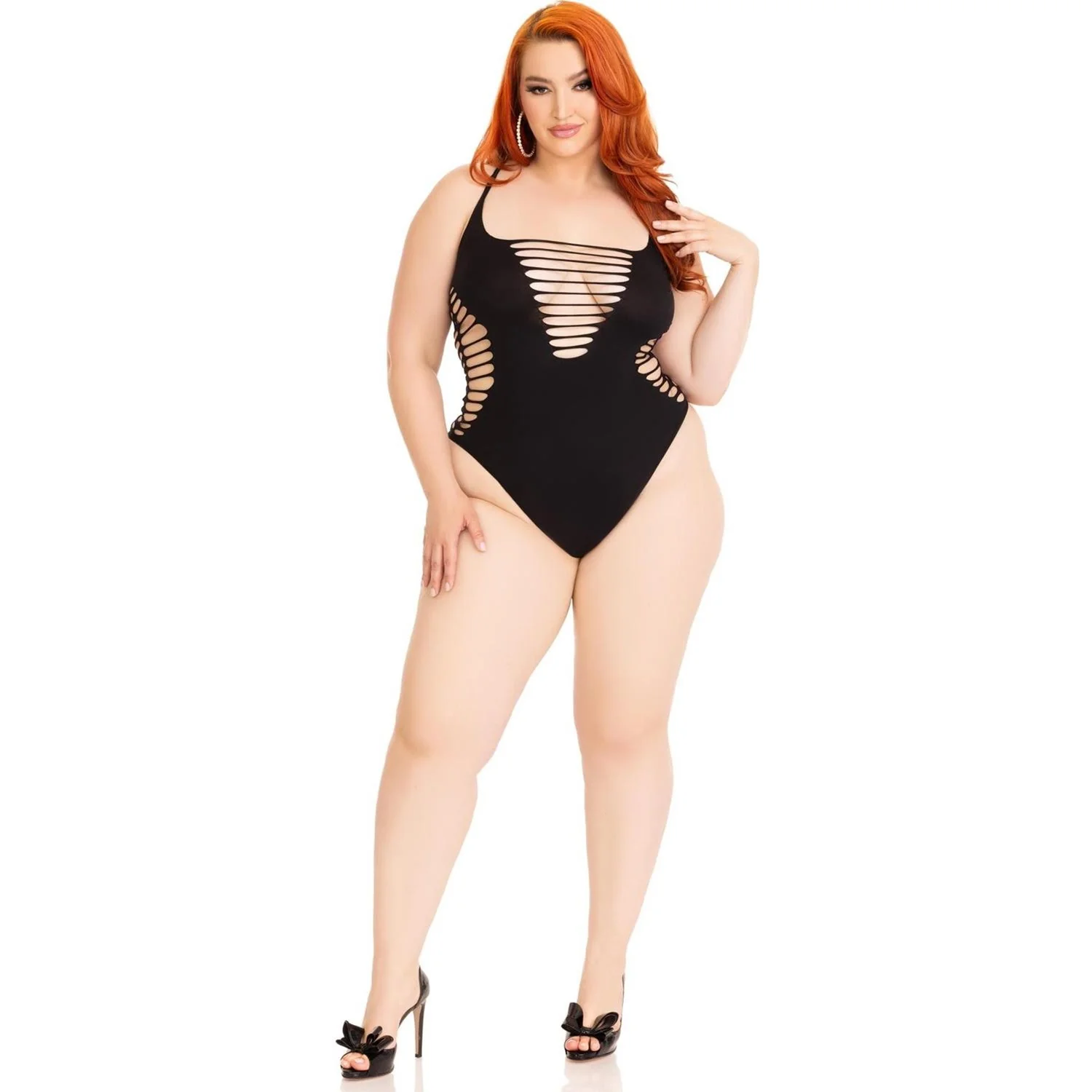 Leg Avenue - Womens Plus Size Seamless Shredded Racer Back Thong Bodysuit