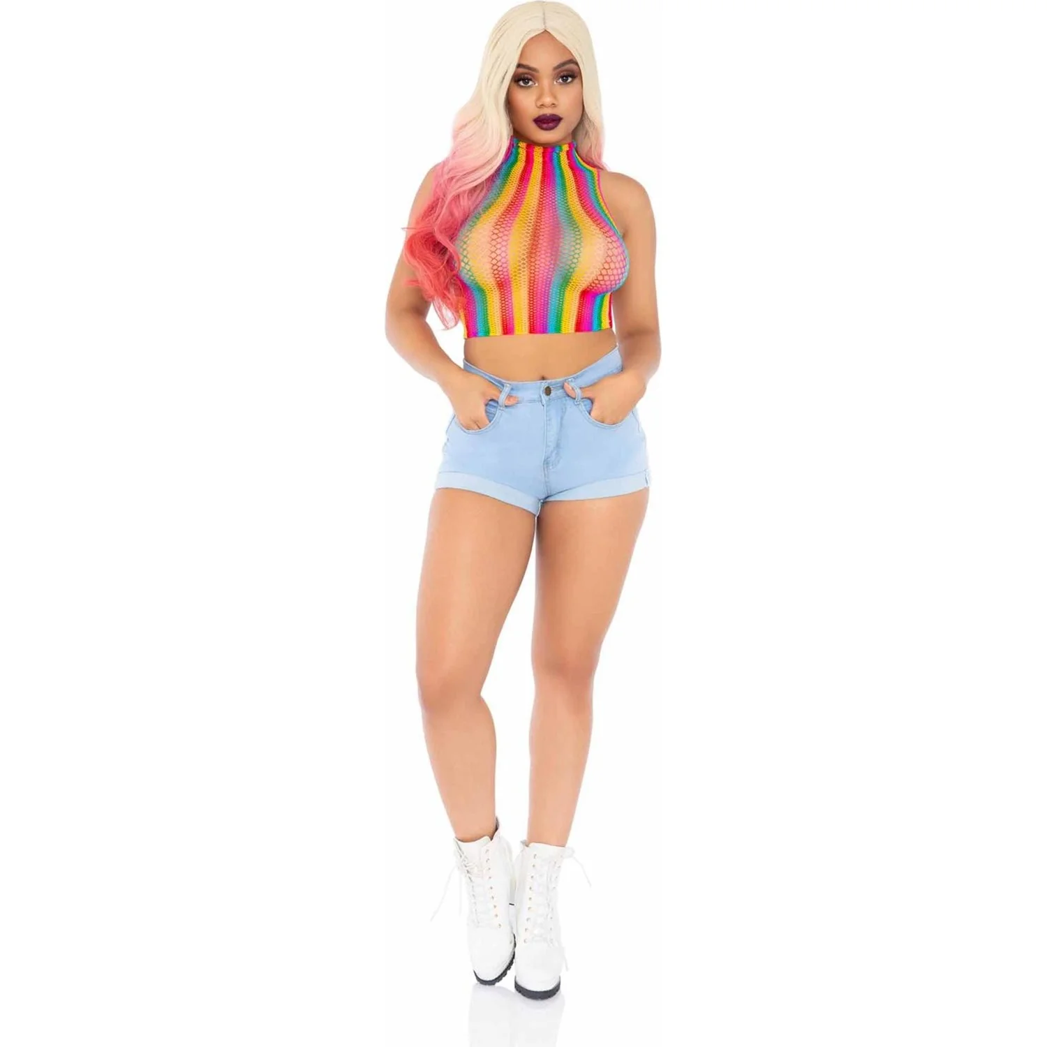Leg Avenue - Womens Rainbow Net High Neck Crop Top - Image 2