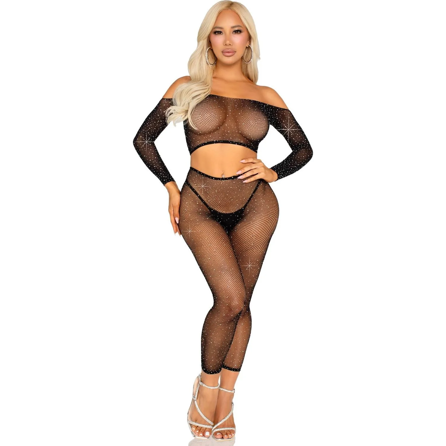Leg Avenue - Womens Rhinestone Fishnet Crop Top and Footless Tights