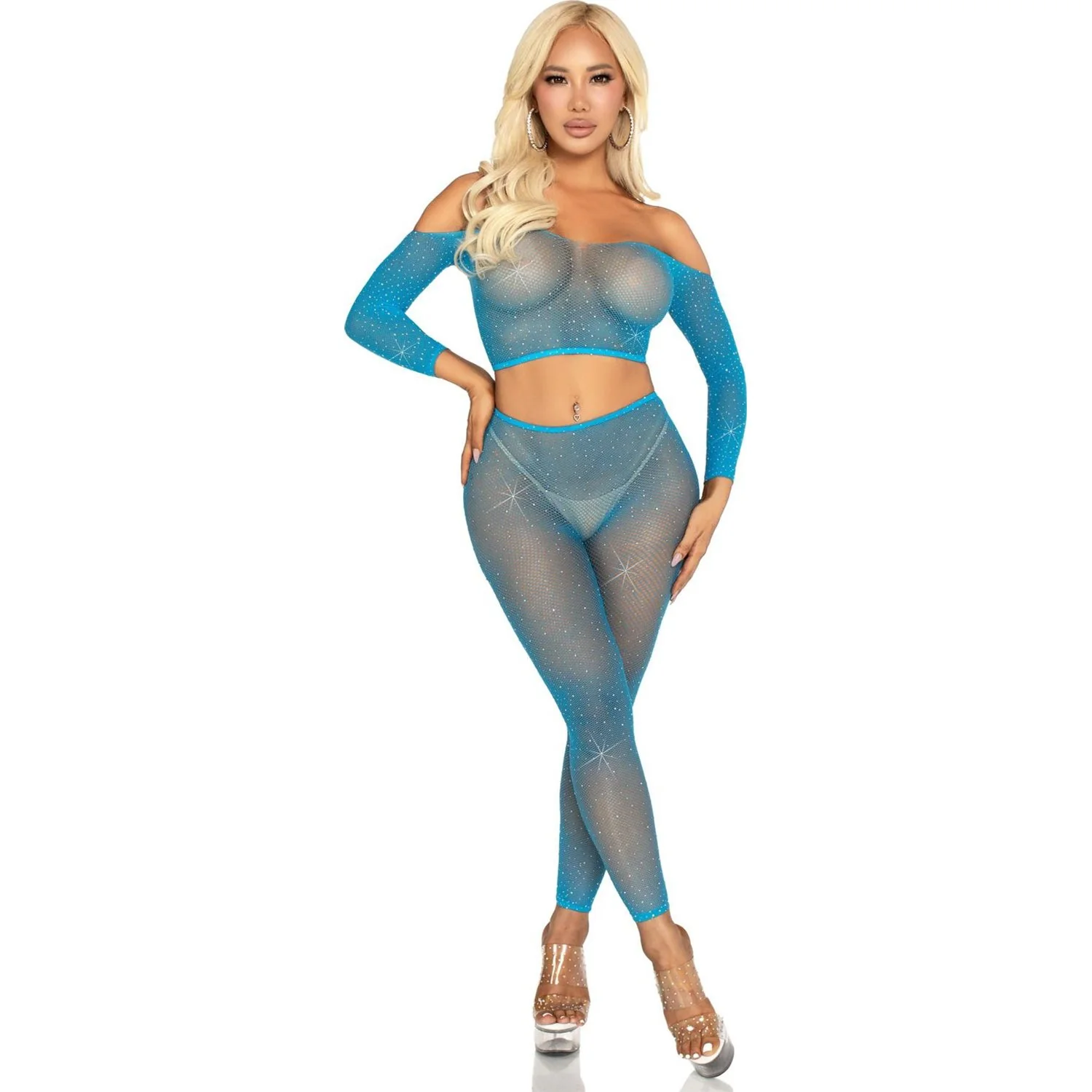 Leg Avenue - Womens Rhinestone Fishnet Crop Top and Footless Tights - Image 2
