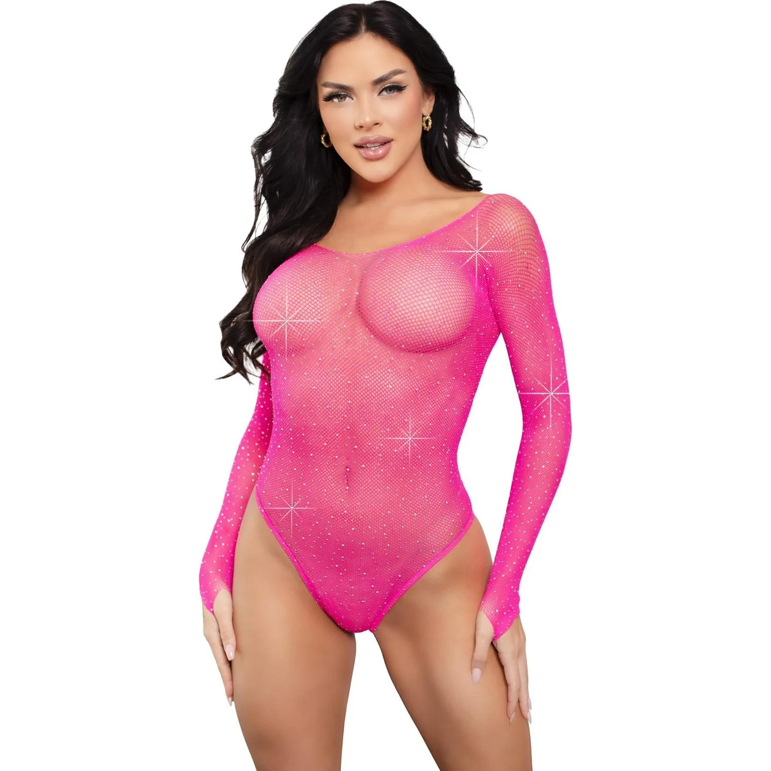 Leg Avenue - Womens Rhinestone Long Sleeved Snap Crotch Fishnet Bodysuit - Image 10