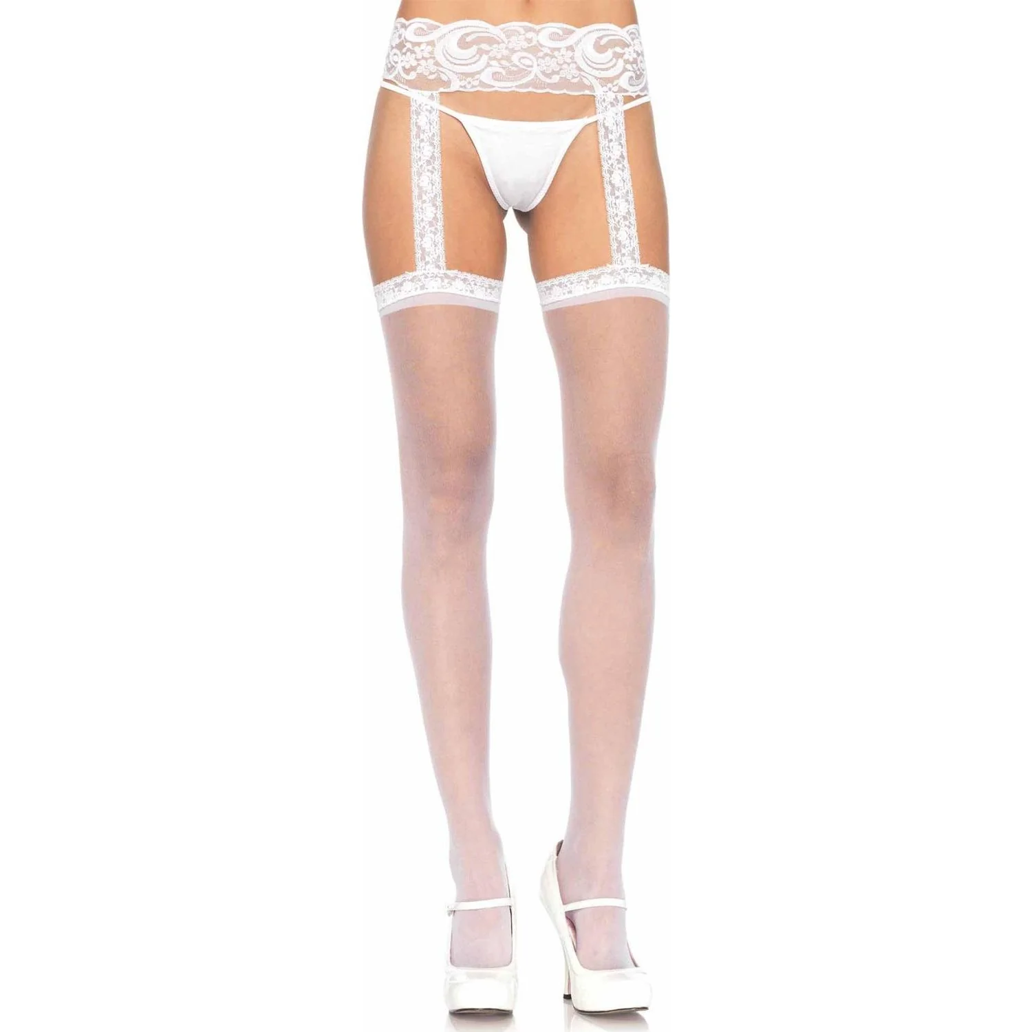 Leg Avenue - Womens Sheer Lace Top Stockings with Attached Lace Garter Belt - Image 4