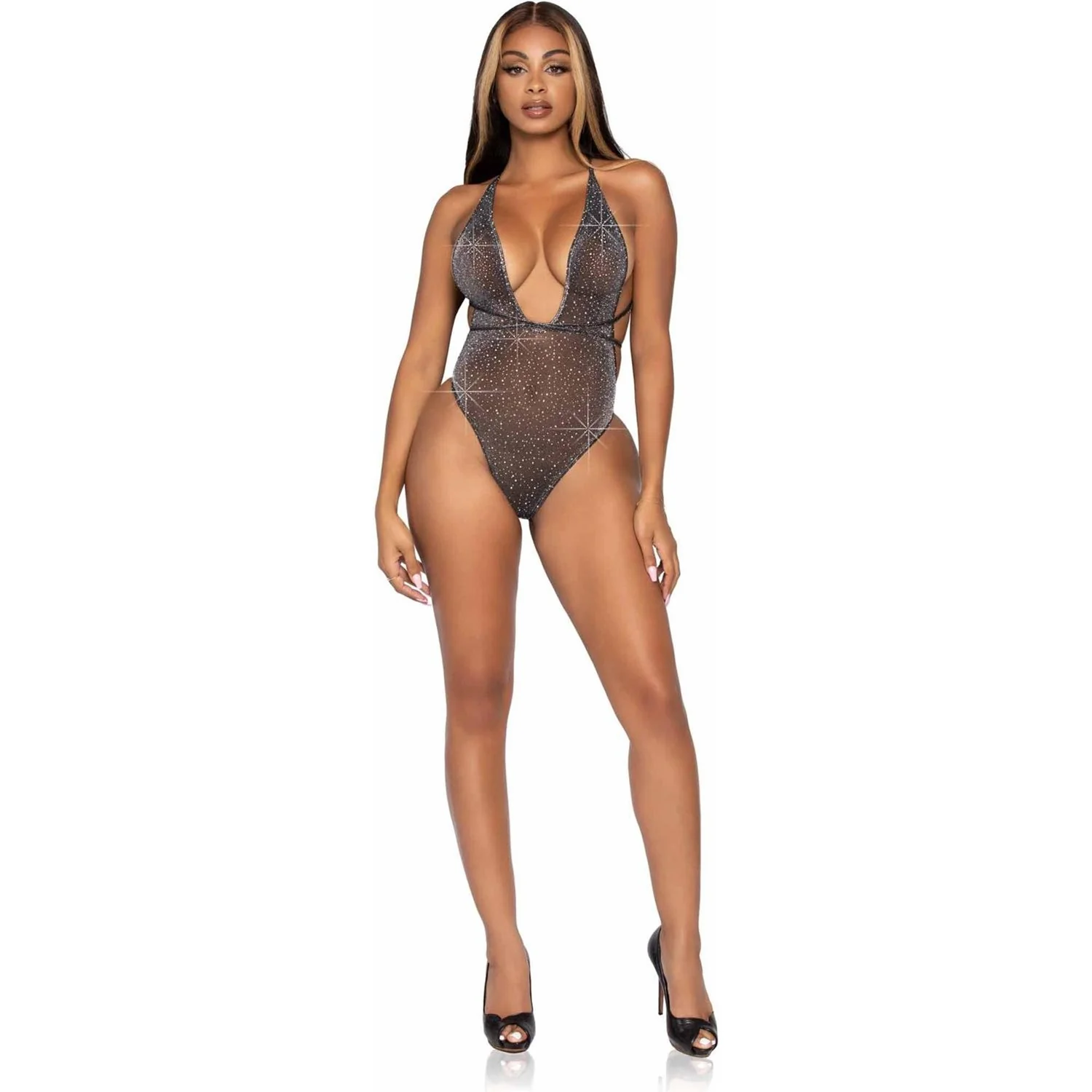 Leg Avenue - Womens Shimmer Sheer Rhinestone Thong Back Teddy - Image 2
