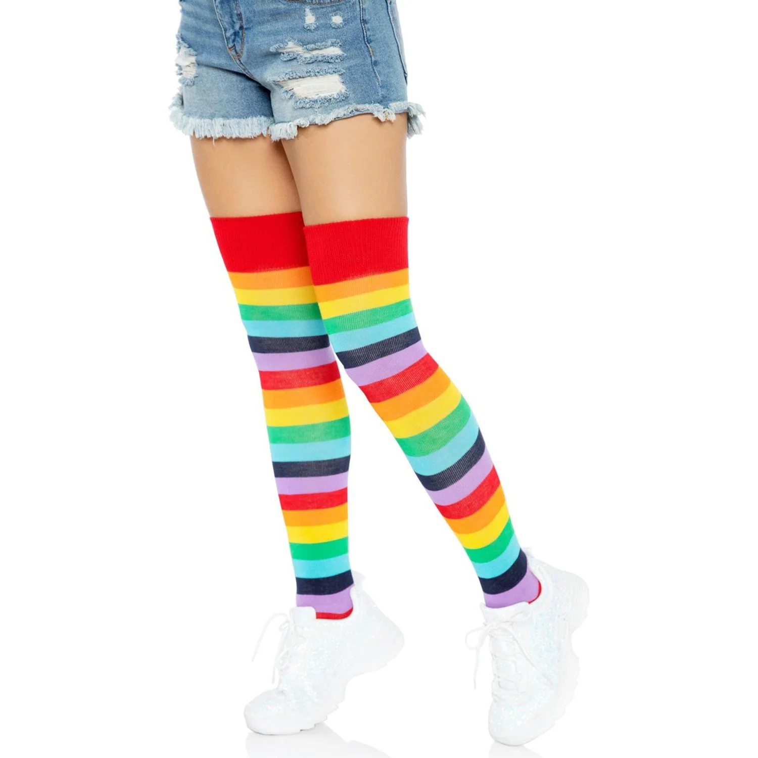 Leg Avenue - Womens Spandex Acrylic Rainbow Striped Thigh Highs