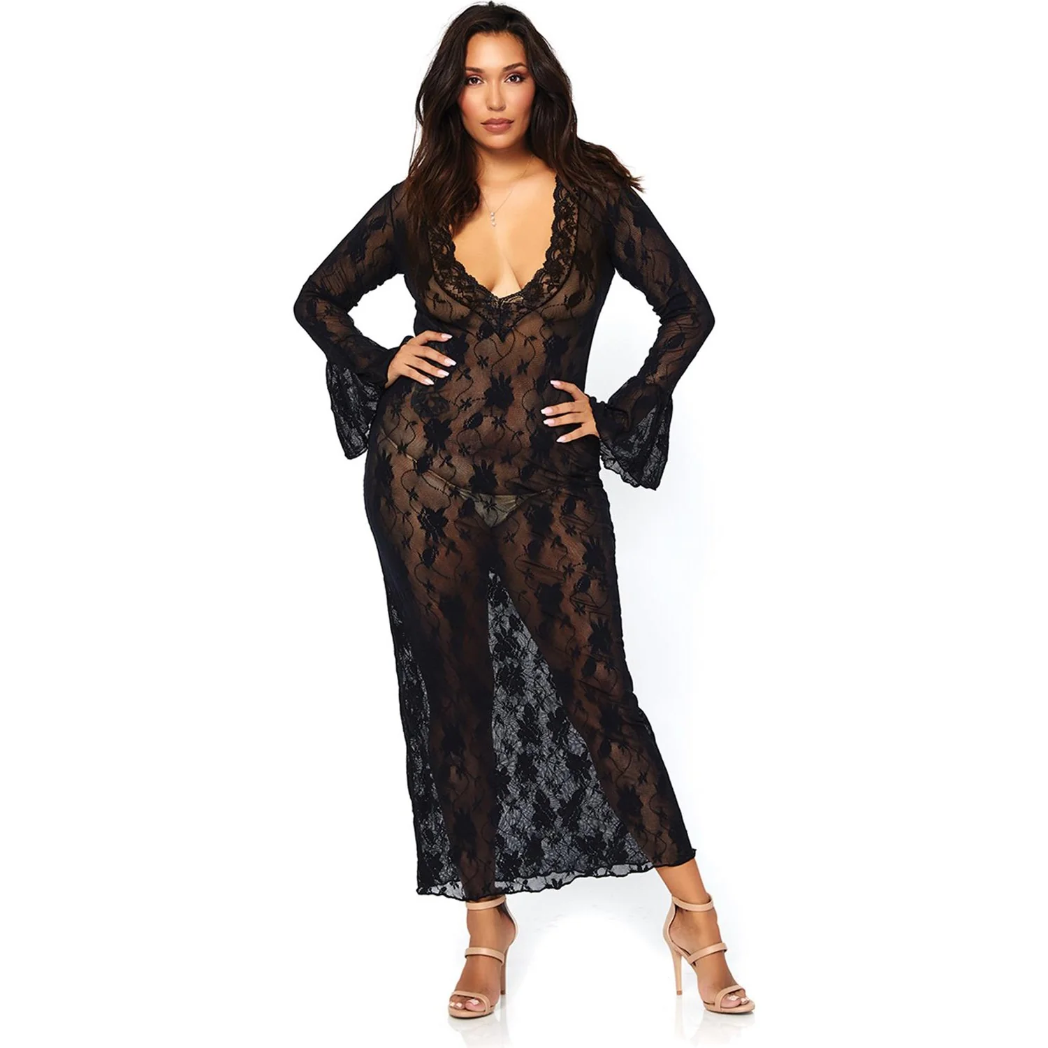 Leg Avenue - Womens Stretch Lace Deep-V Bell Sleeved Long Dress