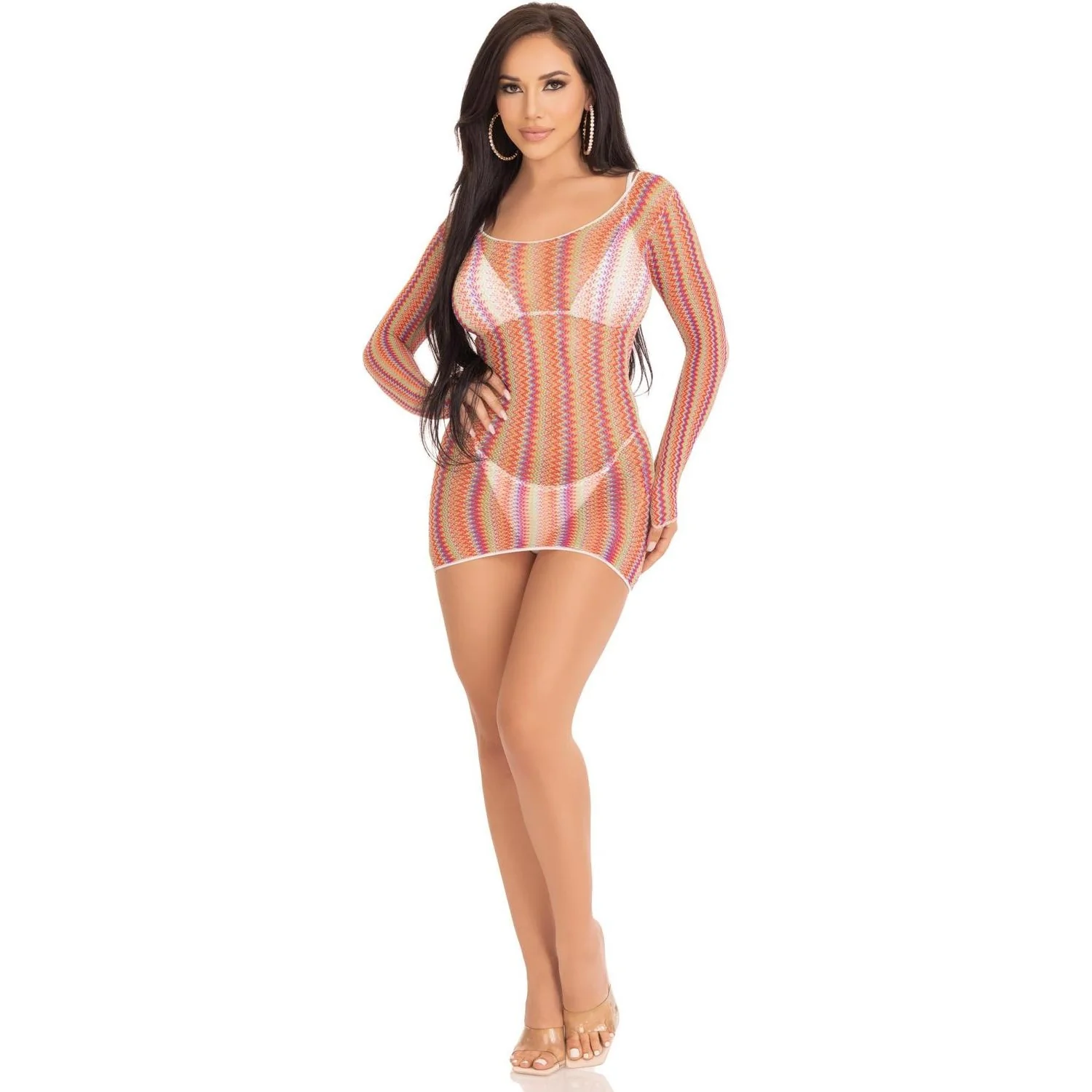 Leg Avenue - Womens Zigzag Rainbow Net Long Sleeved Mini Dress