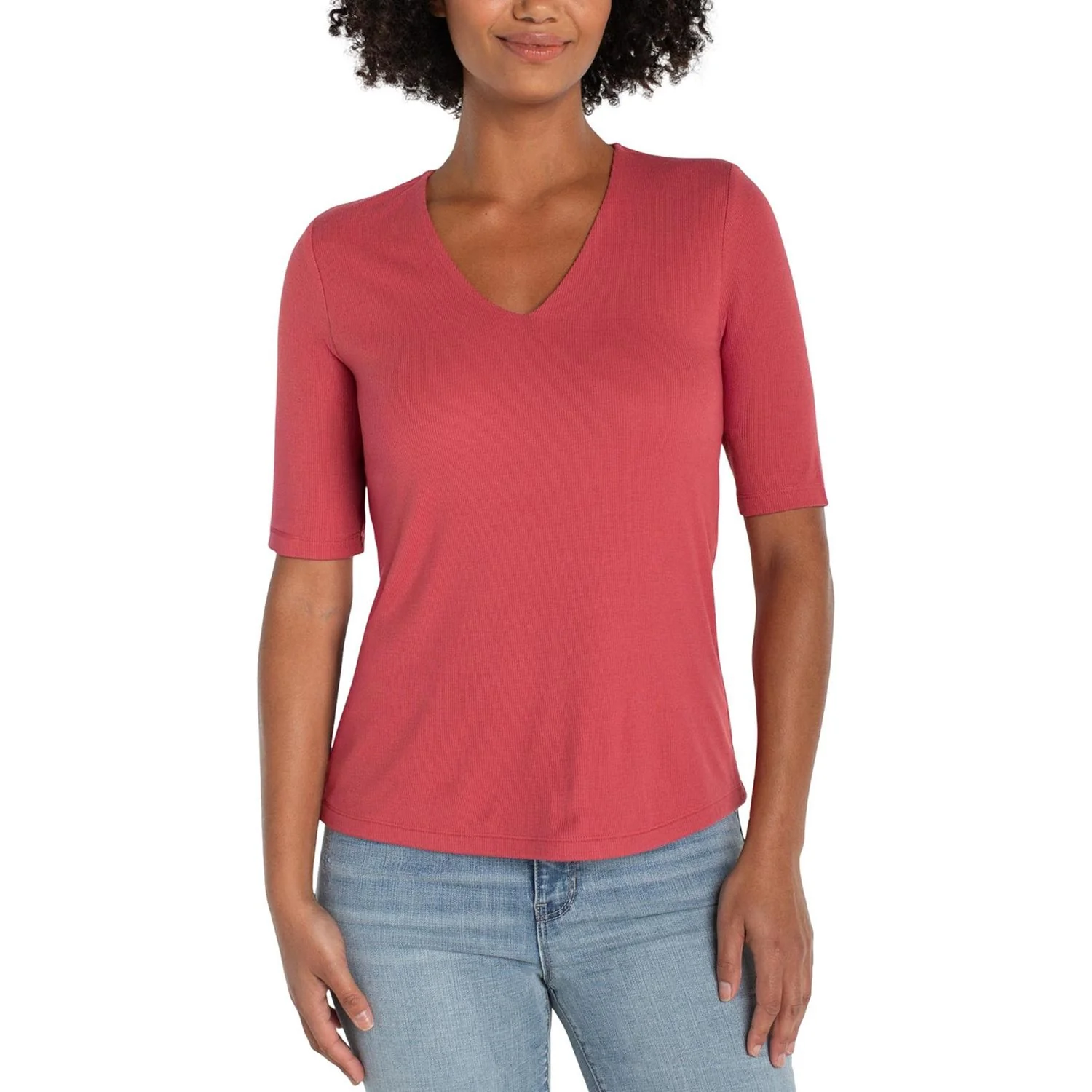 Liverpool Los Angeles - Womens 1/2 Sleeve V-Neck Double Layer Front Knit Top - Image 4