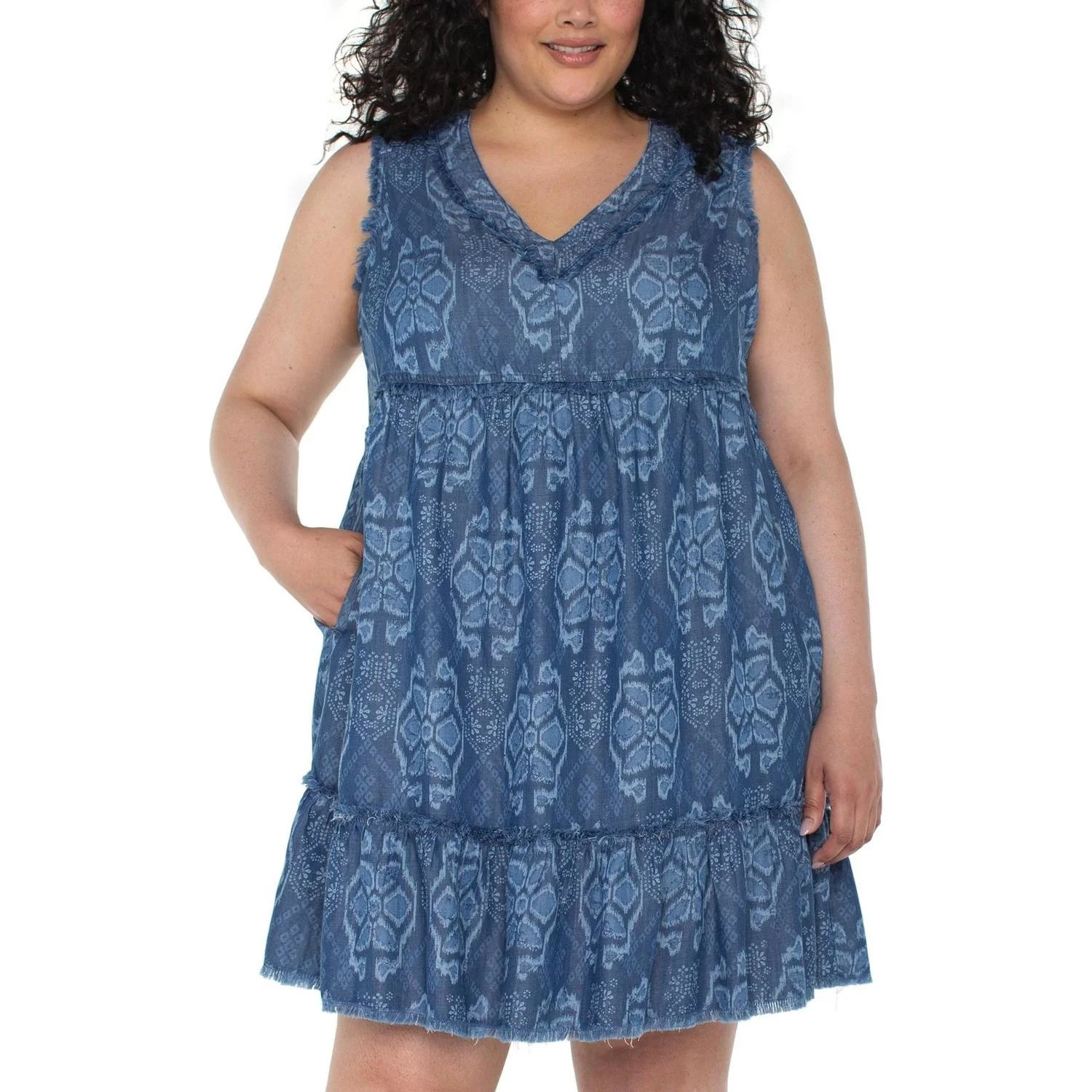 Liverpool Los Angeles - Womens Easy V Neck Ruffle Fray Dress With Pockets