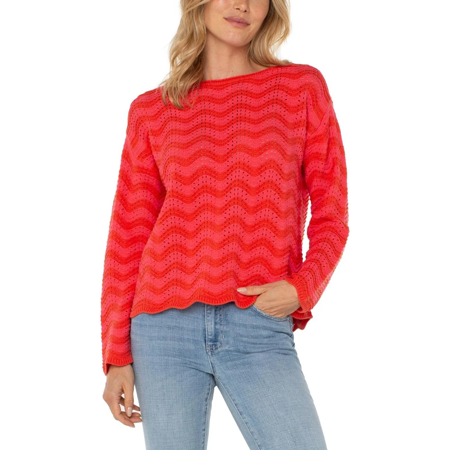 Liverpool Los Angeles - Womens Long Sleeve Boat Neck Scallop Hem Sweater