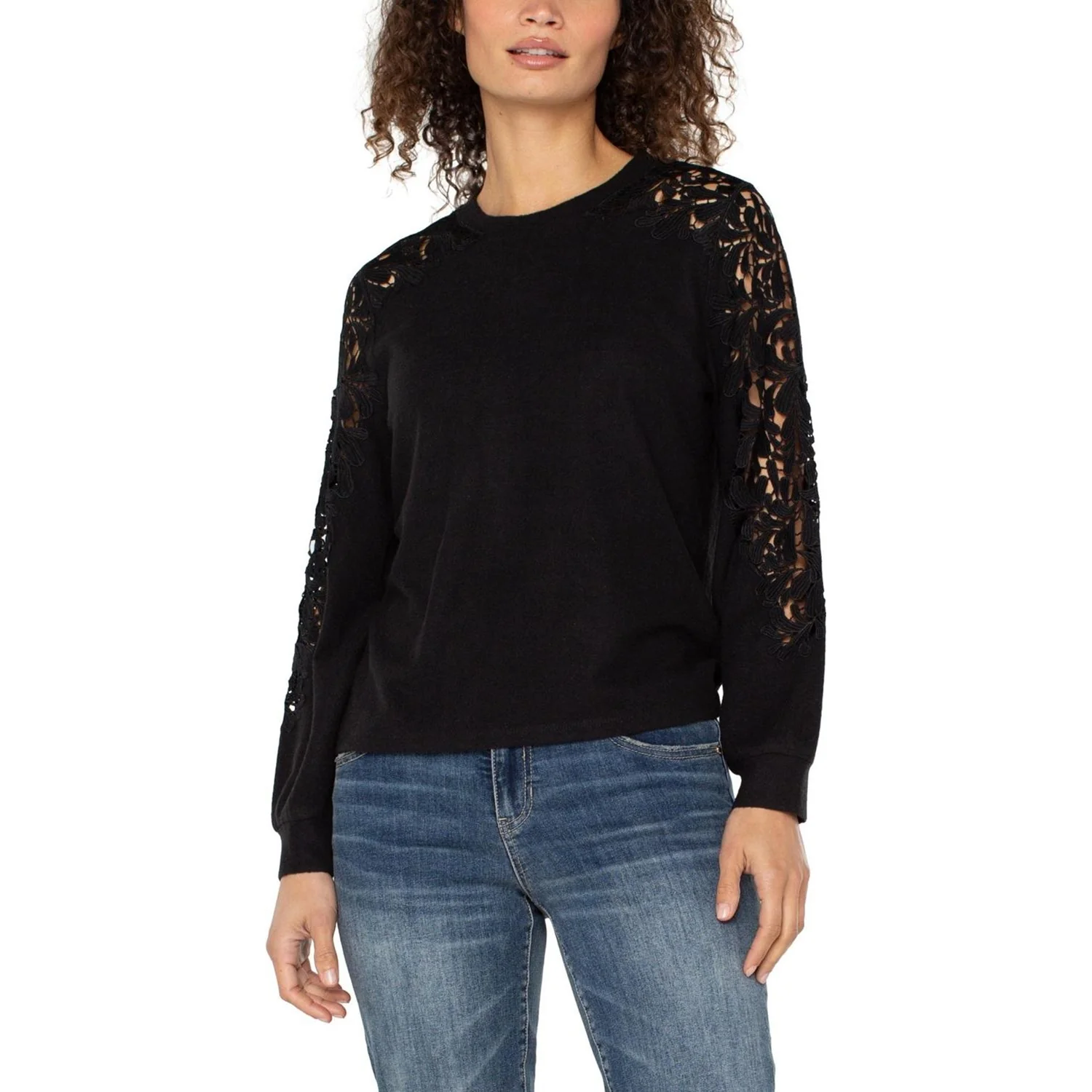 Liverpool Los Angeles - Womens Long Sleeve Crew Neck Lace Inset Knit Top