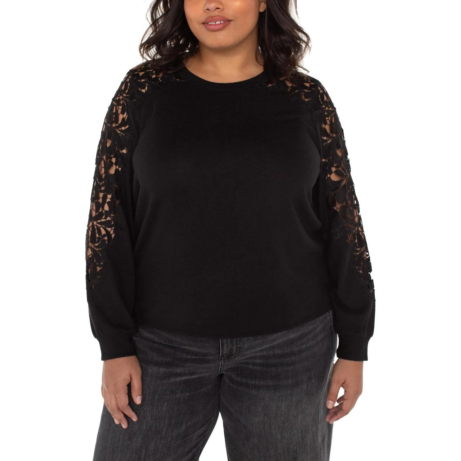 Liverpool Los Angeles - Womens Long Sleeve Crew Neck Lace Inset Knit Top