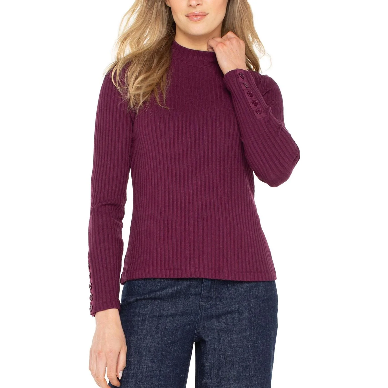 Liverpool Los Angeles - Womens Long Sleeve Mock Neck Knit Top With Button Detail - Image 3