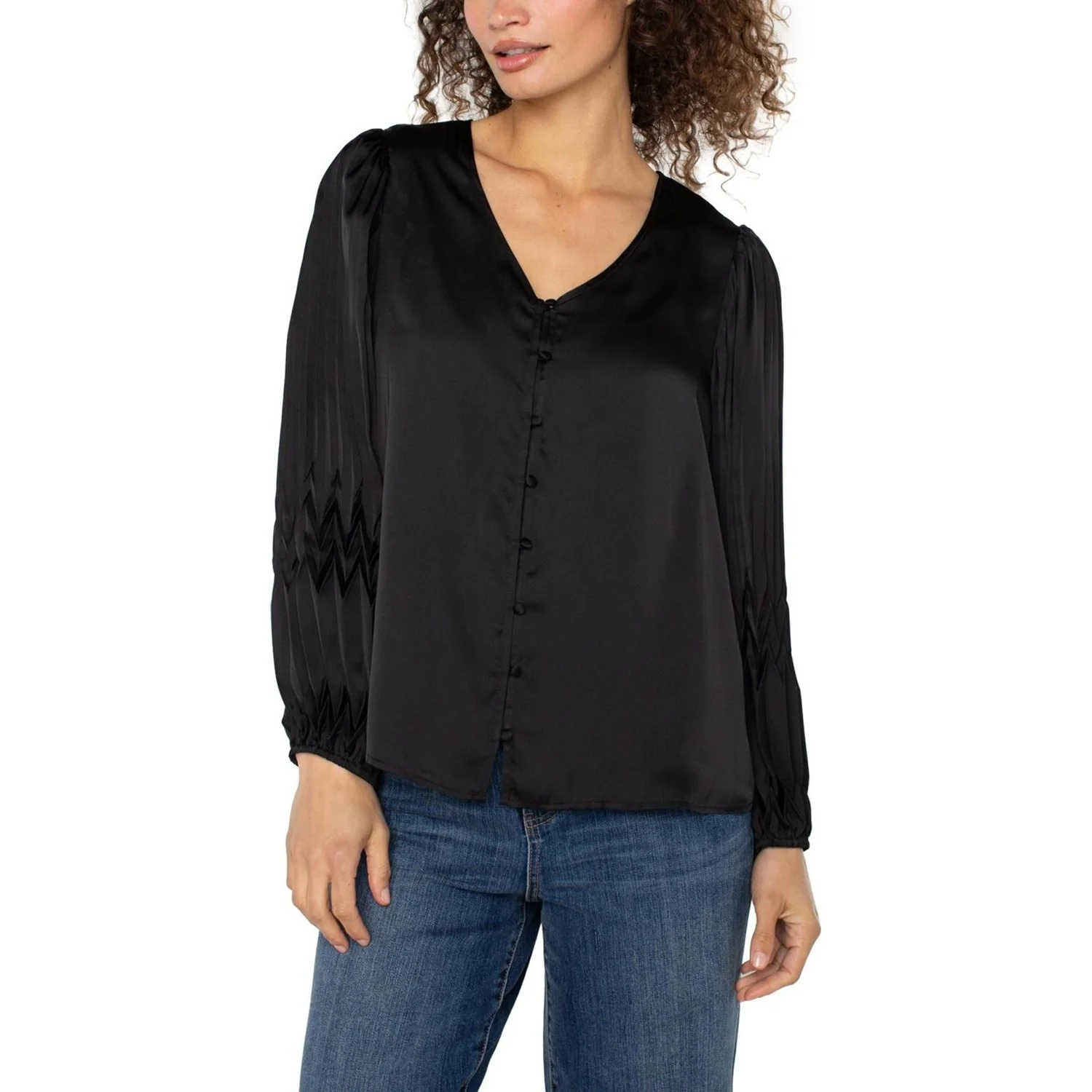 Liverpool Los Angeles - Womens Long Sleeve V Neck Pleated Detail Woven Top