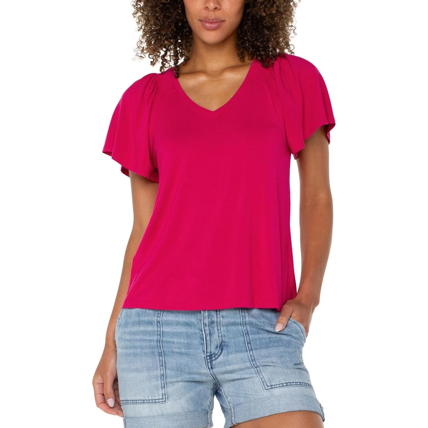 Liverpool Los Angeles - Womens Short Flutter Sleeve V Neck Knit Top - Image 2