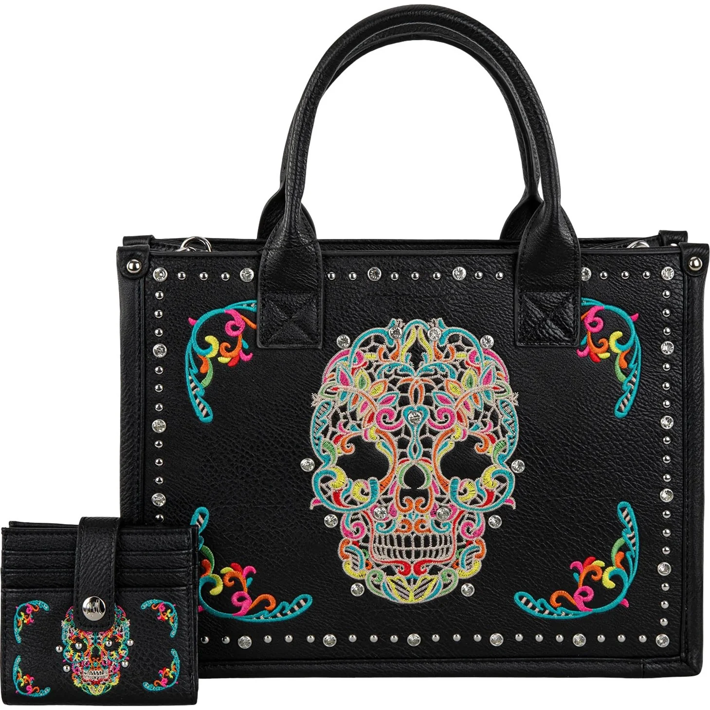 Montana West - Womens Embroidered Sugar Skull Tote/Crossbody Bag Wallet Set