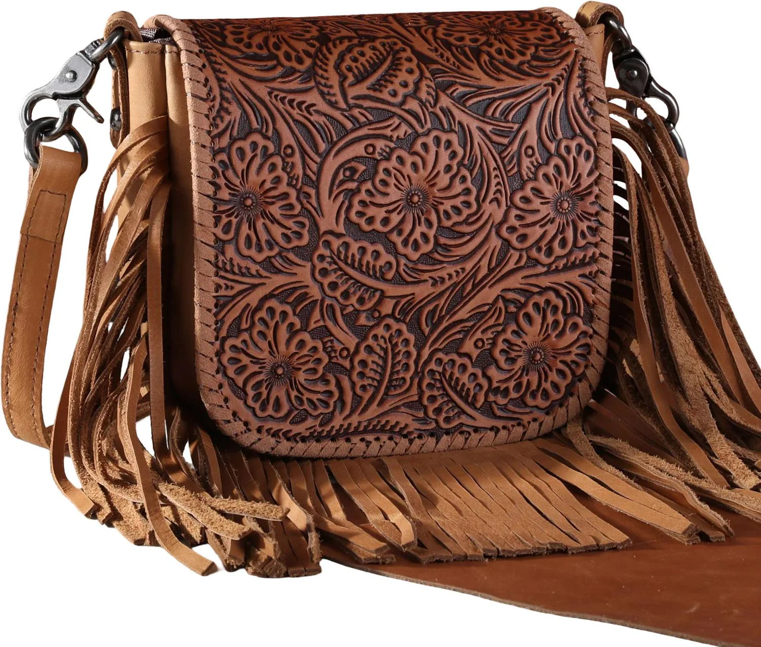 Montana West - Womens Genuine Leather Tooled Collection Fringe Crossbody Bag - Image 13