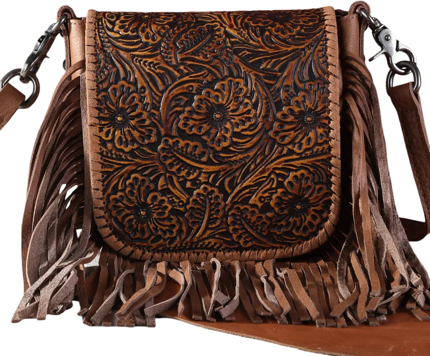 Montana West - Womens Genuine Leather Tooled Collection Fringe Crossbody Bag - Image 17