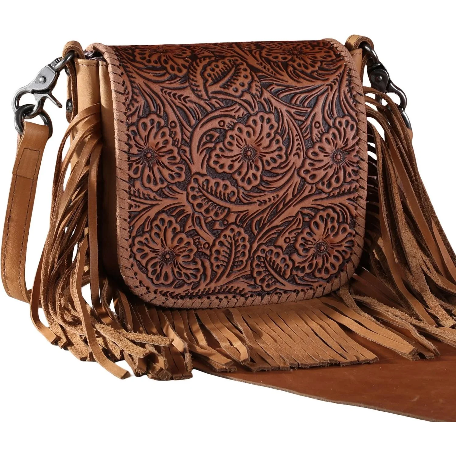 Montana West - Womens Genuine Leather Tooled Collection Fringe Crossbody Bag - Image 3
