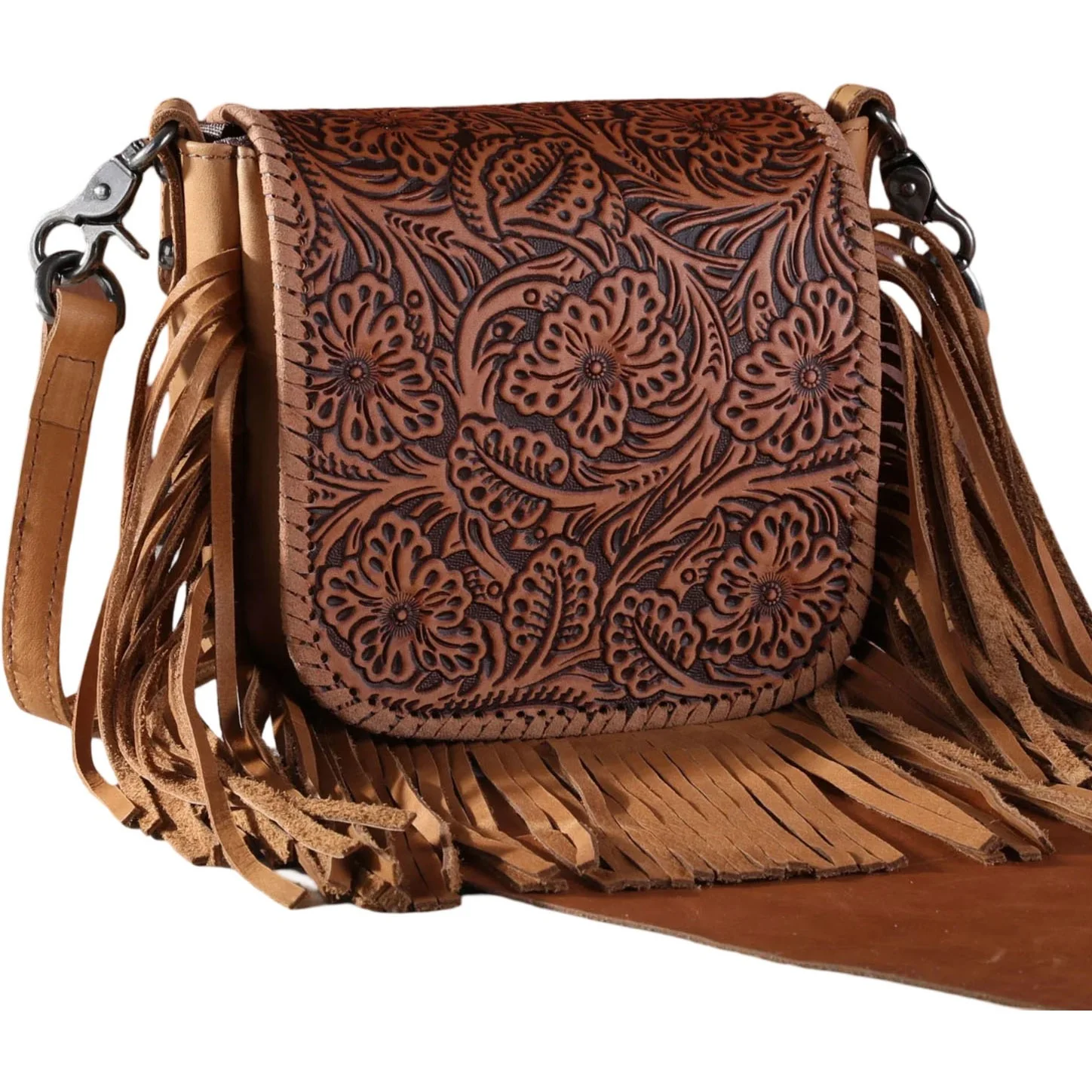 Montana West - Womens Genuine Leather Tooled Collection Fringe Crossbody Bag - Image 6