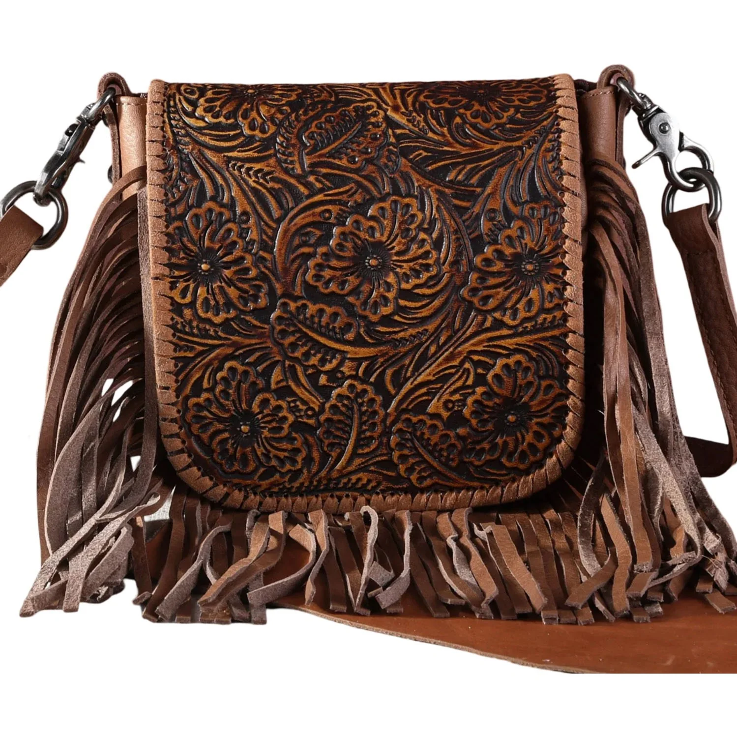 Montana West - Womens Genuine Leather Tooled Collection Fringe Crossbody Bag - Image 7