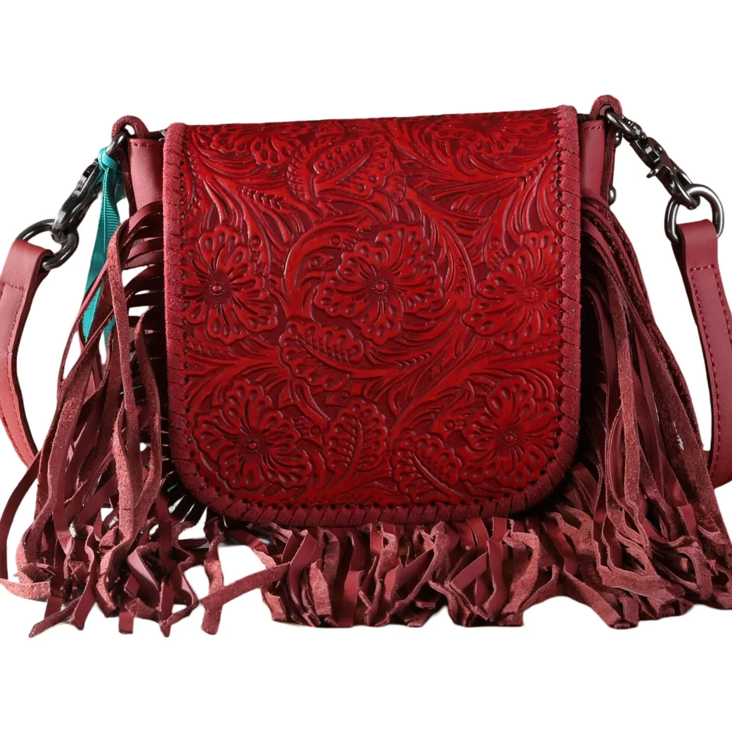 Montana West - Womens Genuine Leather Tooled Collection Fringe Crossbody Bag - Image 8