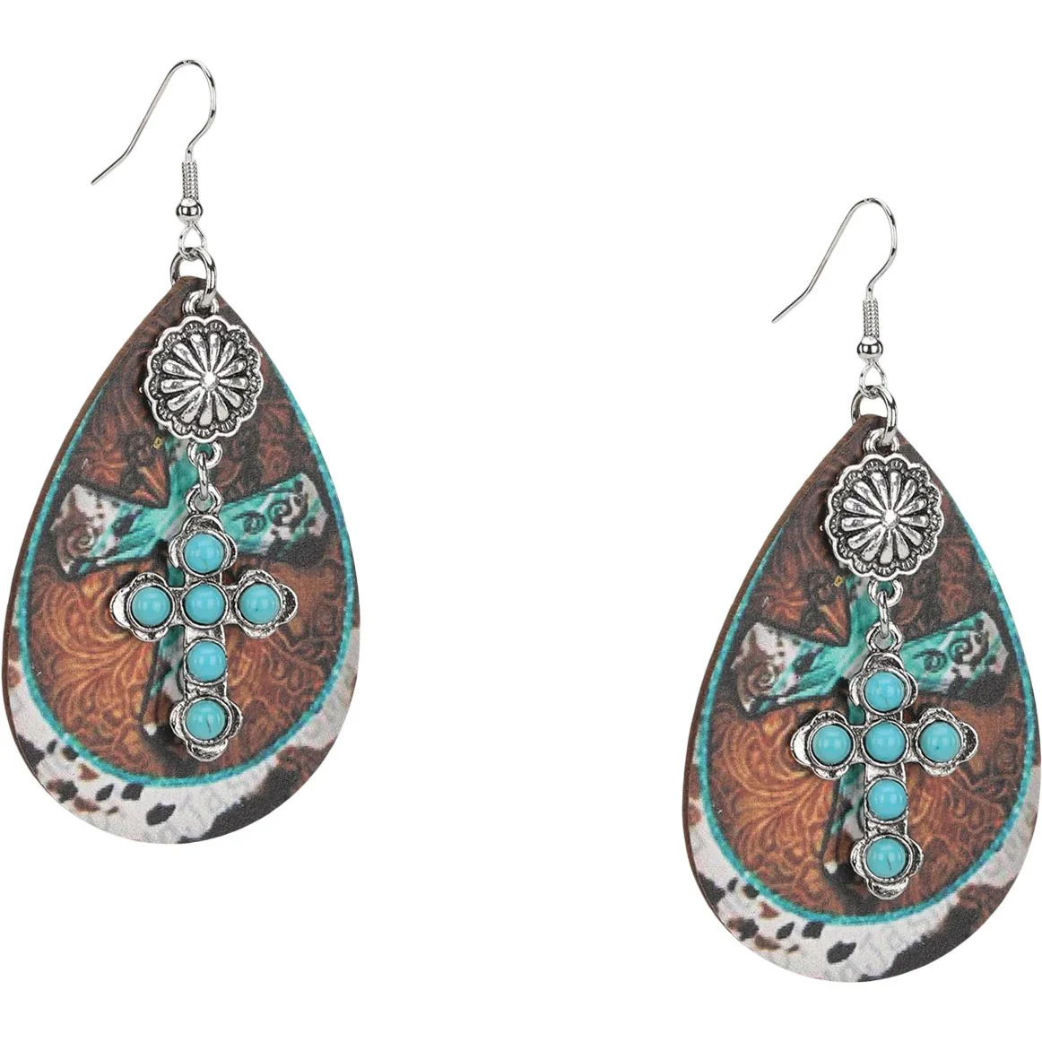 Montana West - Womens Stone Cross Tear Drop Embossed Wood Painted Pattern Earring