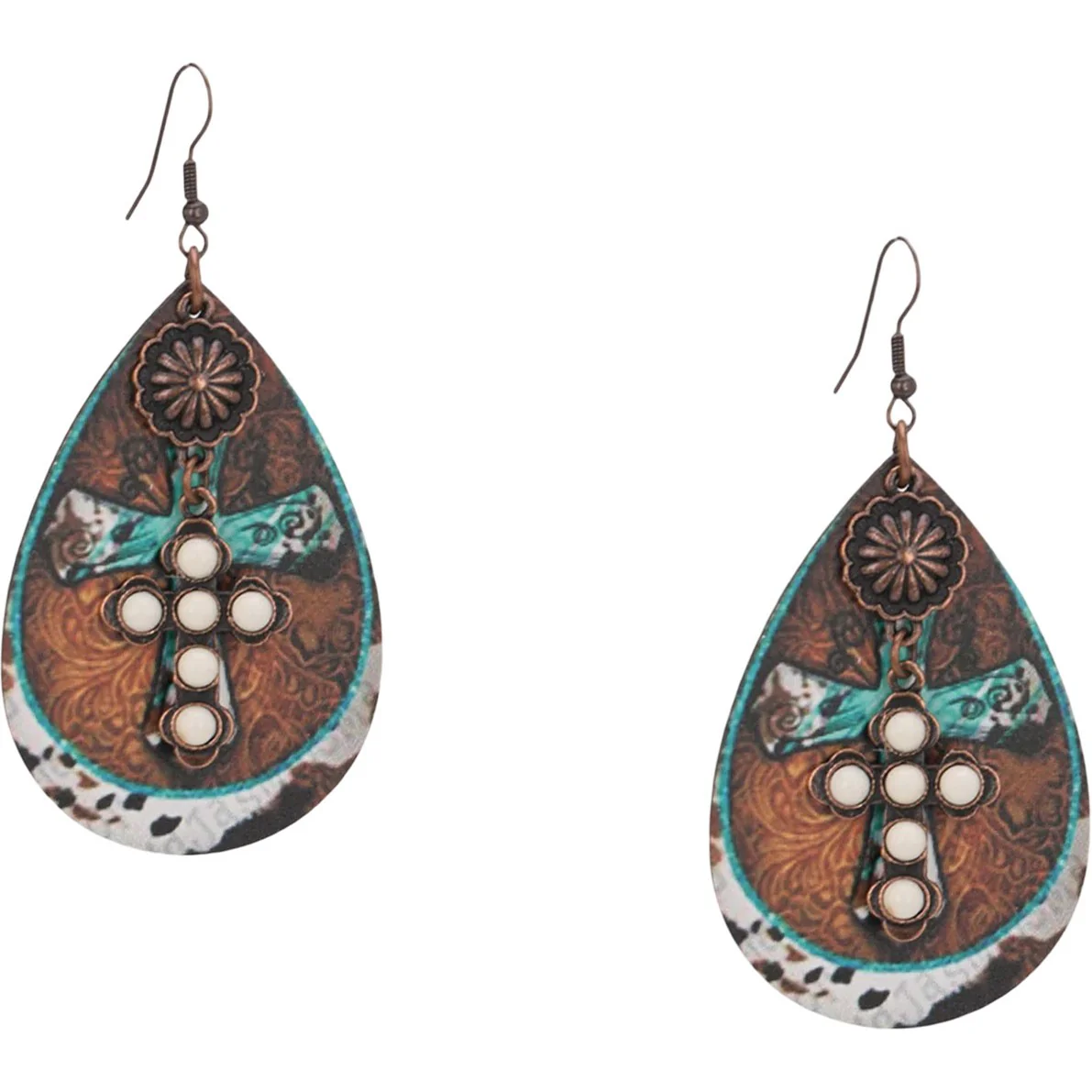 Montana West - Womens Stone Cross Tear Drop Embossed Wood Painted Pattern Earring - Image 2
