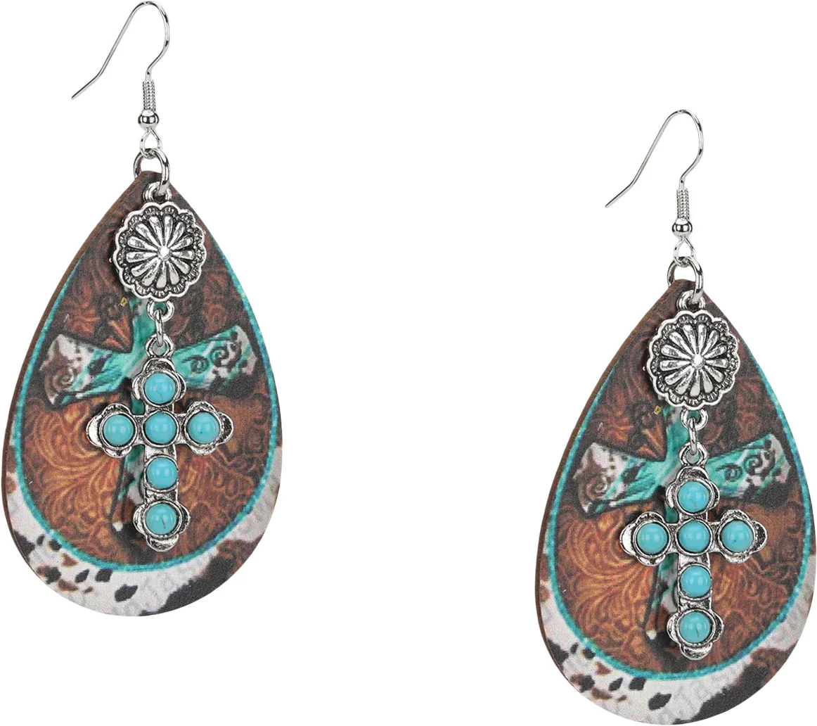 Montana West - Womens Stone Cross Tear Drop Embossed Wood Painted Pattern Earring - Image 3