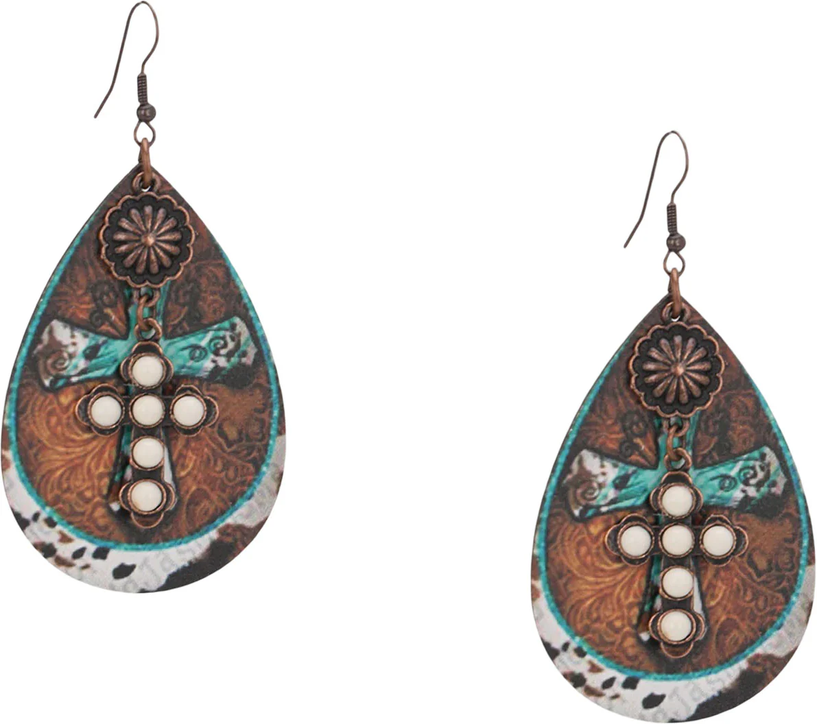 Montana West - Womens Stone Cross Tear Drop Embossed Wood Painted Pattern Earring - Image 4