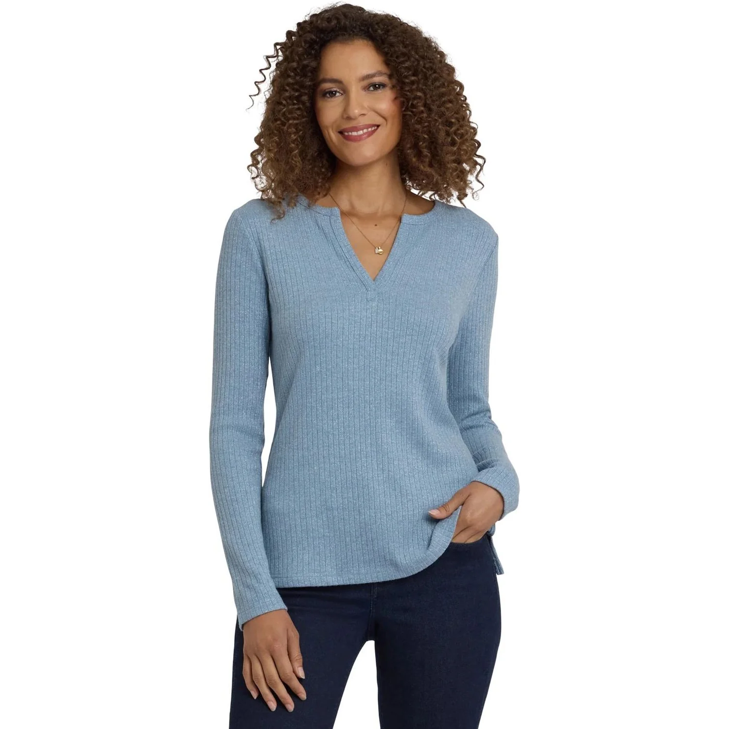 NYDJ - Womens Shimmer Rib Knit Henley Top - Image 3
