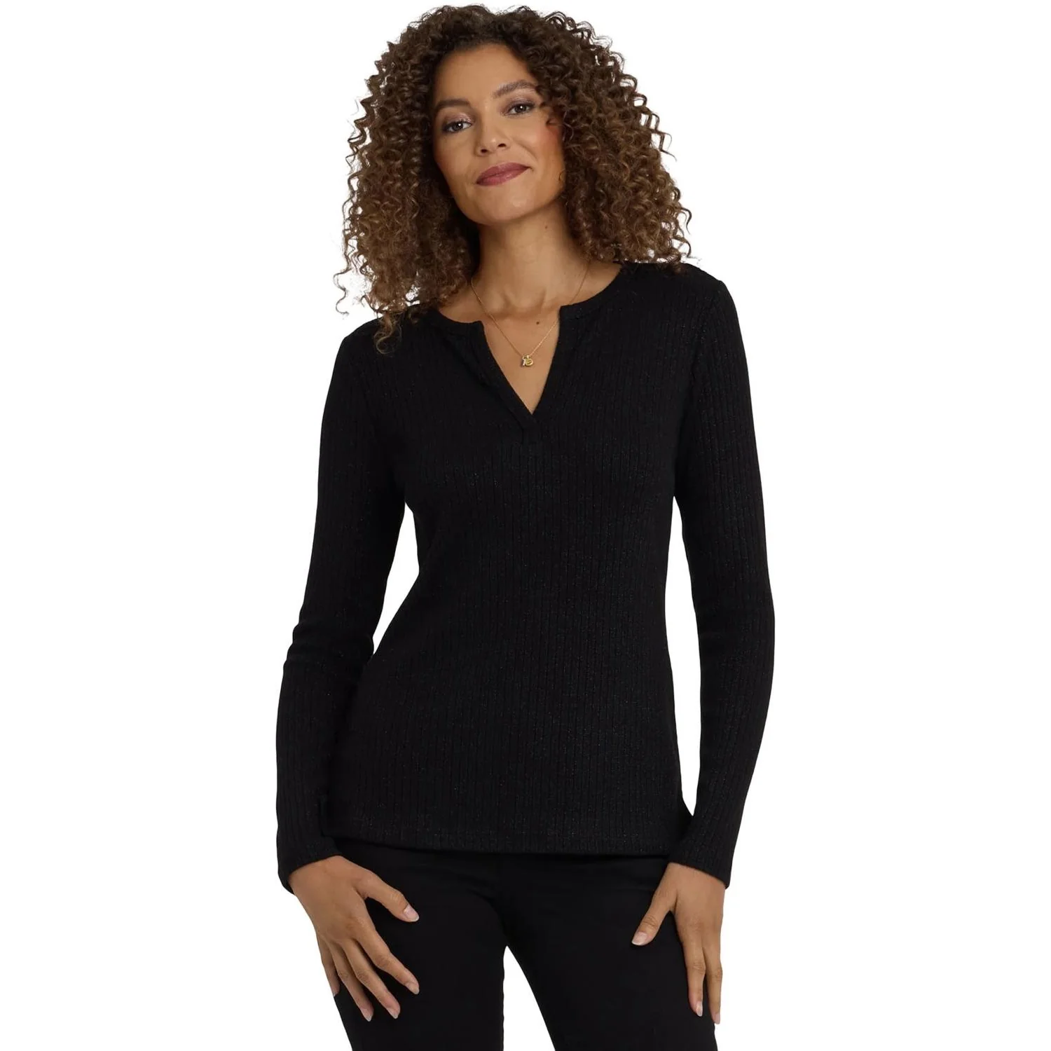 NYDJ - Womens Shimmer Rib Knit Henley Top - Image 4