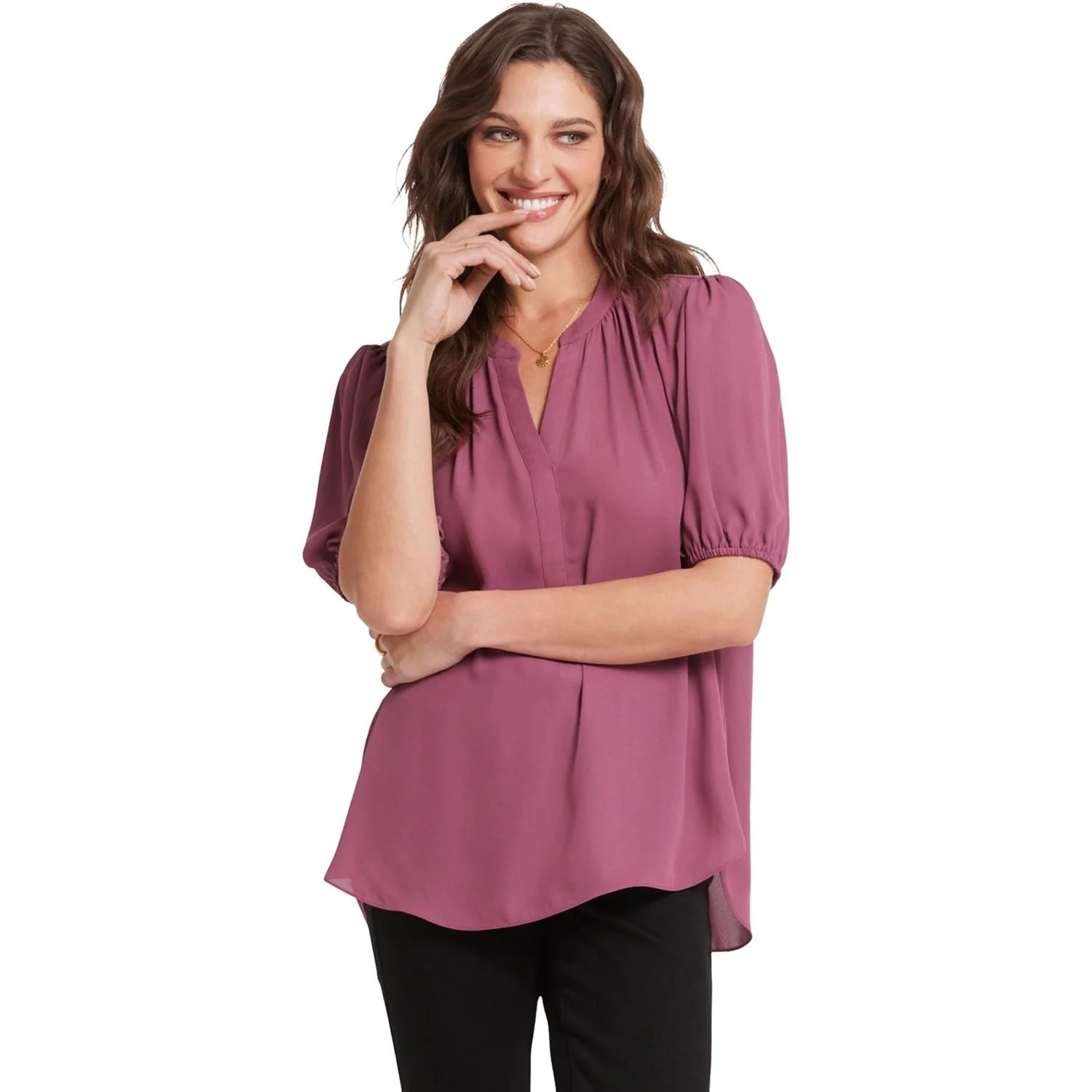 NYDJ - Womens Short Puff Sleeve Popover Top