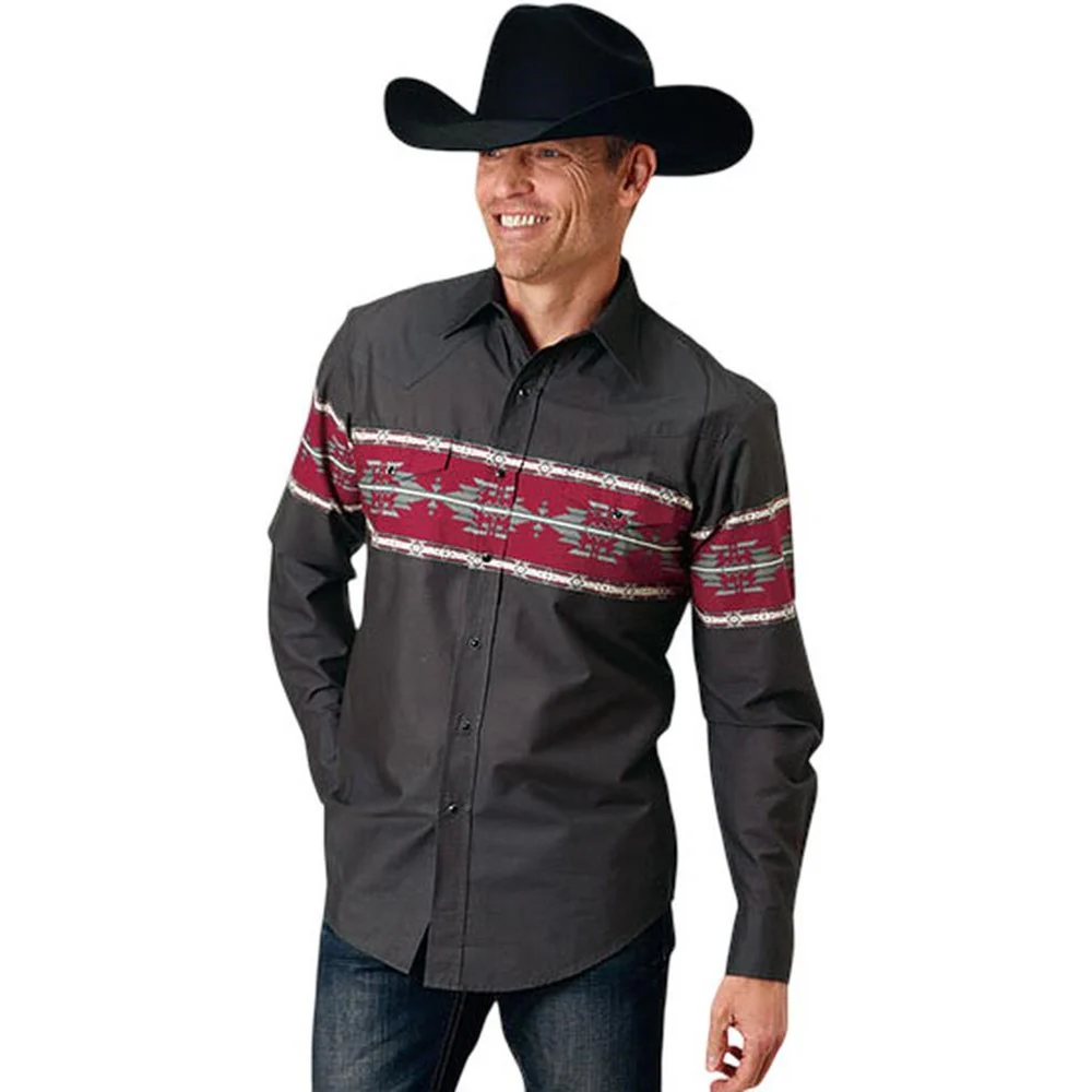 Roper - Mens Aztec Border Print Long Sleeve Western Shirt