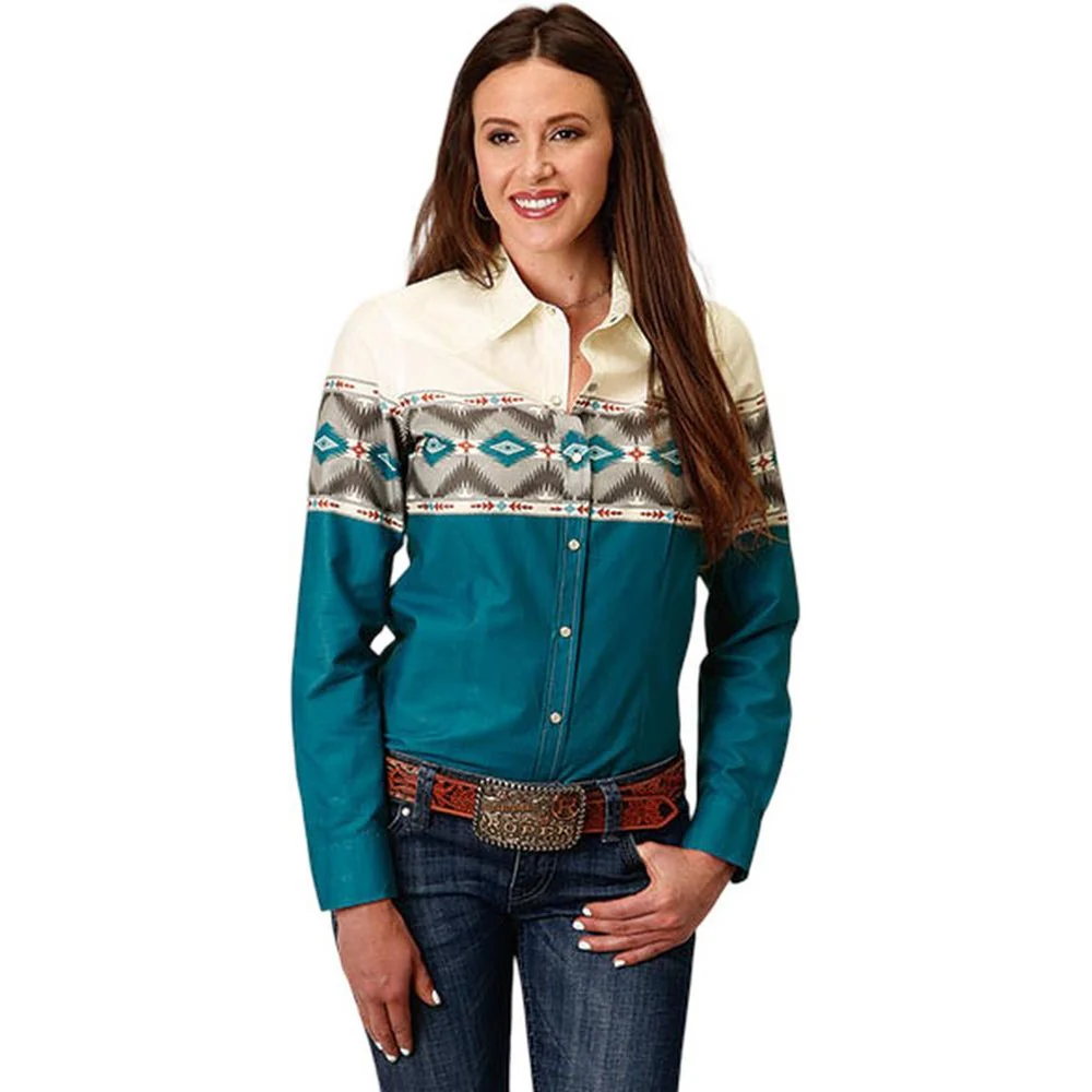 Roper - Womens Aztec Border Print Long Sleeve Western Shirt - Image 2