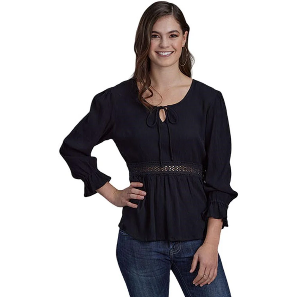 Roper - Womens Fall II Five Star Black Rayon Crepe Pullover Long Sleeve Blouse