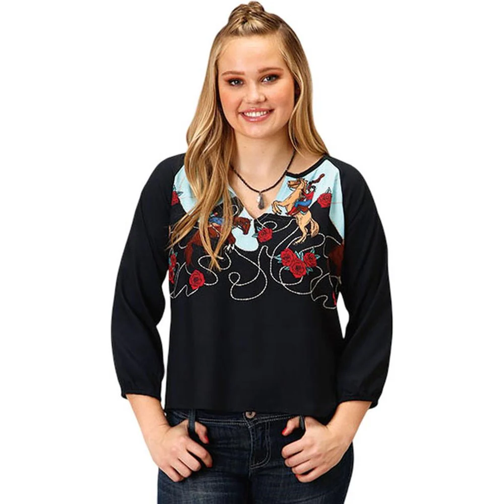 Roper - Womens Fall II Five Star Cowgirl Border Printed Rayon Long Sleeve Peasant Blouse - Image 2