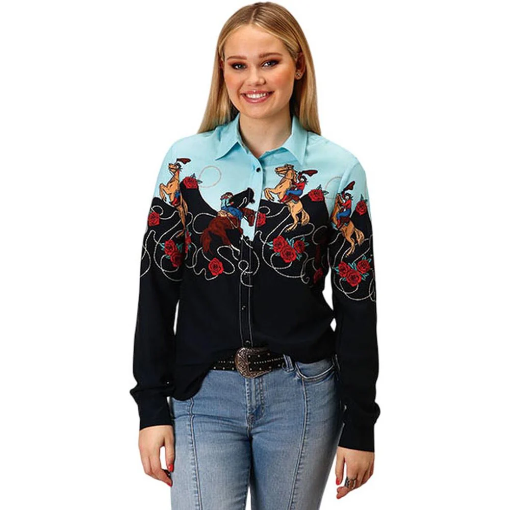 Roper - Womens Fall II Five Star Cowgirl Border Printed Rayon Long Sleeve Western Blouse