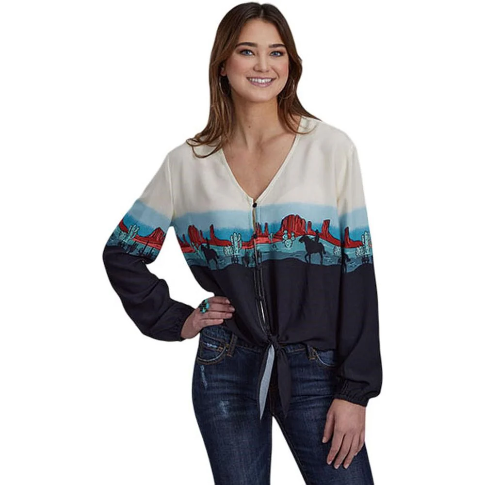 Roper - Womens Fall II Five Star Western Border Printed Rayon Long Sleeve Blouse - Image 2