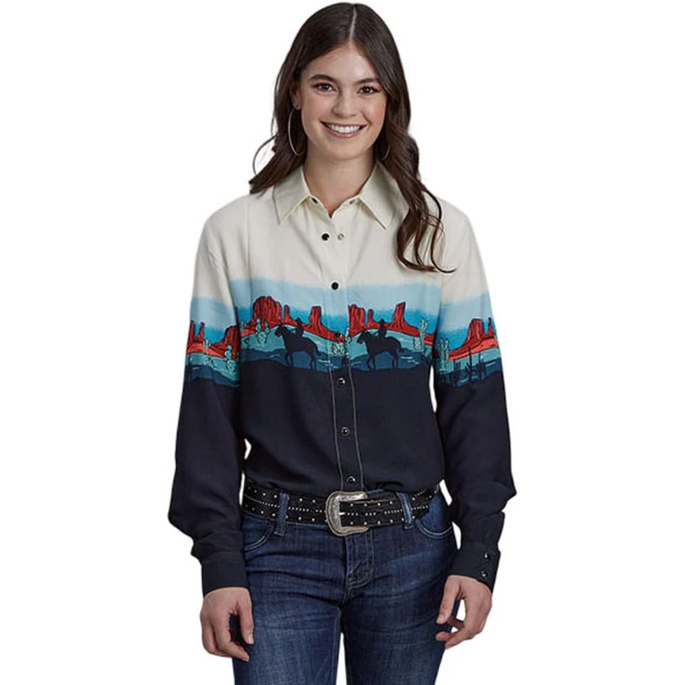Roper - Womens Fall II Five Star Western Border Printed Rayon Long Sleeve Western Blouse