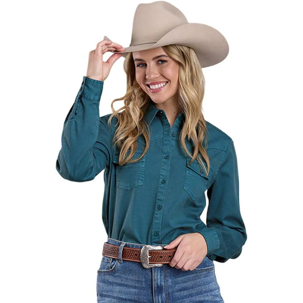 Roper - Womens Fall III Five Star Teal Cotton Twill Long Sleeve Western Shirt