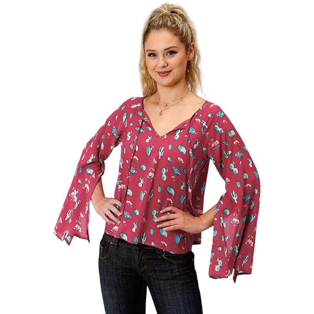 Roper - Womens Summer III Five Star Cactus Printed Rayon Long Sleeve Peasant Blouse
