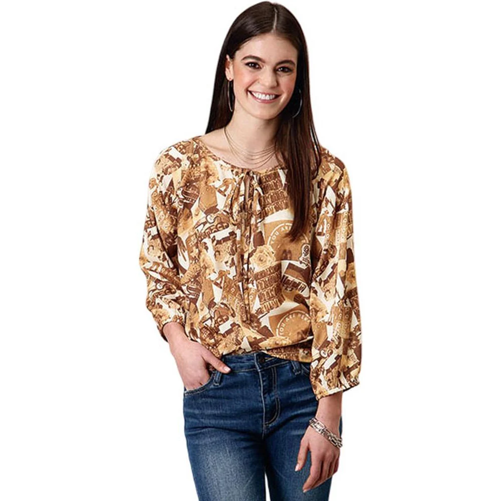 Roper - Womens Winter I Five Star Collage Printed Rayon Long Sleeve Peasant Blouse - Image 2