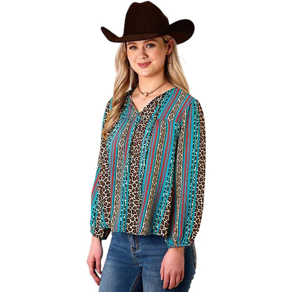 Roper - Womens Winter I Five Star Leopard Stripe Printed Rayon Long Sleeve Peasant Blouse